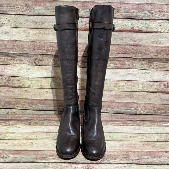 Frye Brown Leather Malorie Tall Heeled Boots - Picture 10 of 11